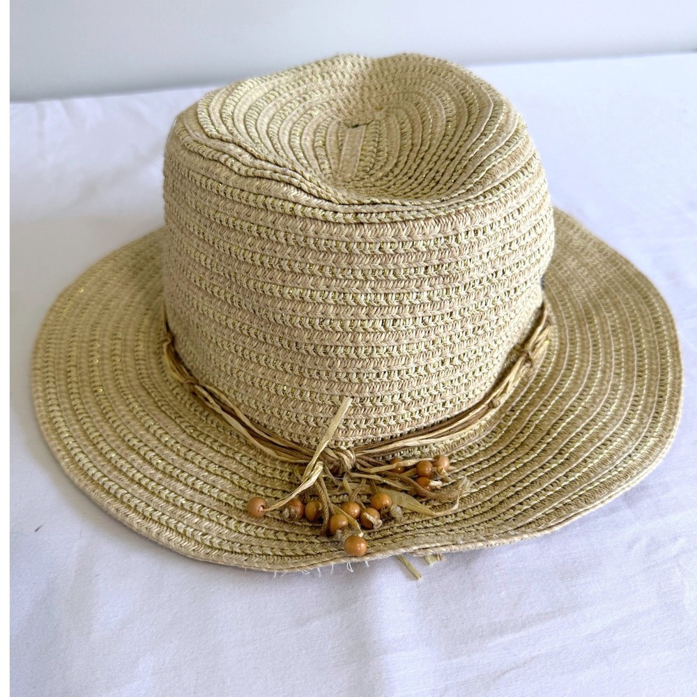 Vintage Tommy Bahama Womens Floppy Straw Sun Hat Gold Metallic Beads Tan Rare